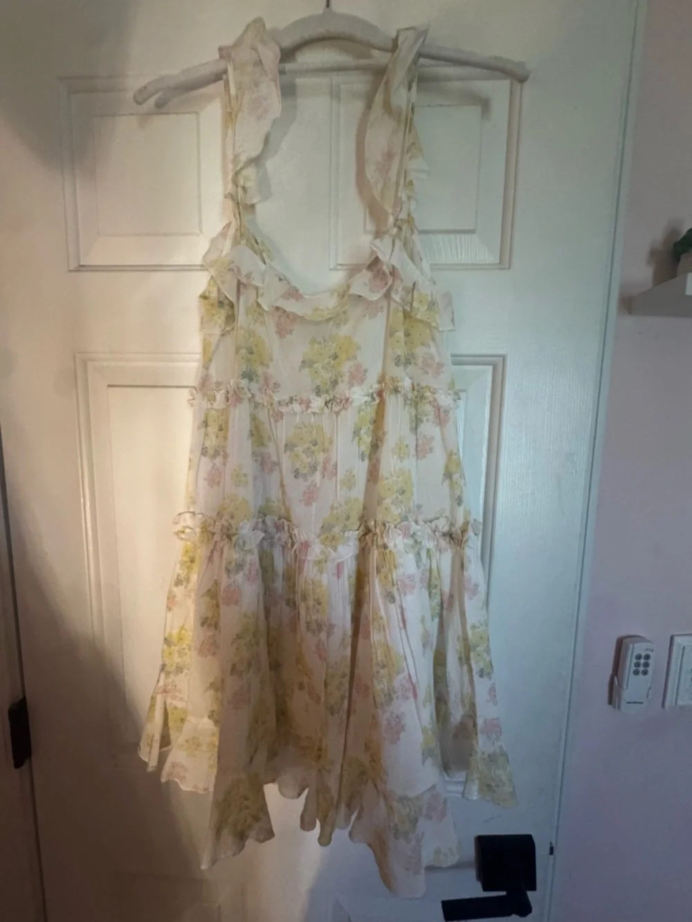 LoveShackFancy Floral Ruffle Mini Dress in Cream, Yellow, Pink - Picture 3 of 3